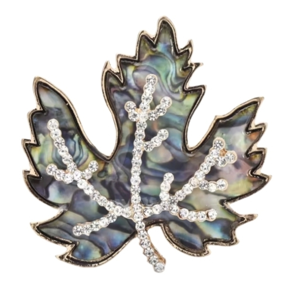 New! Abalone Leaf Brooch Blur Green Pink With Crystals • NWOT